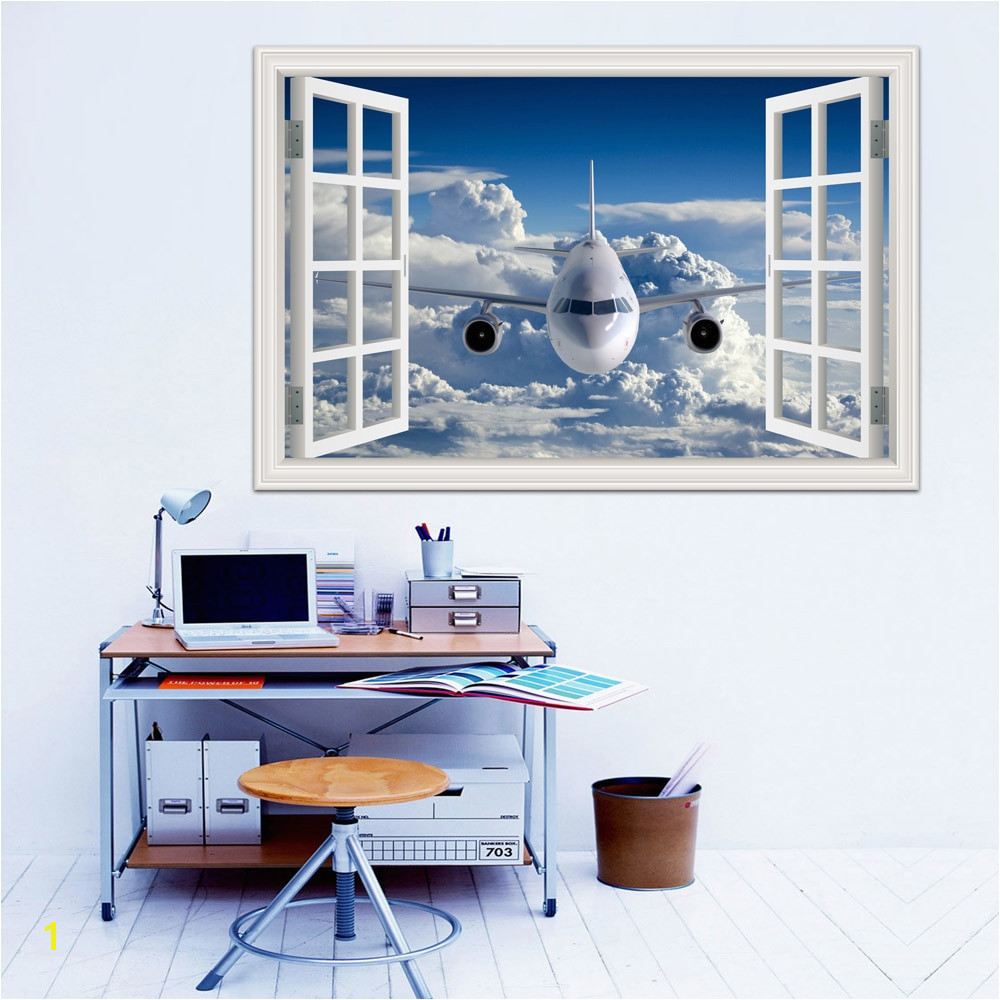 3d Airplane Wallpaper Removable Wall Sticker Vinyl Wall Art Mural Szie Window View Blue Sky Decal Home Decor Living Room in Wall Stickers from Home