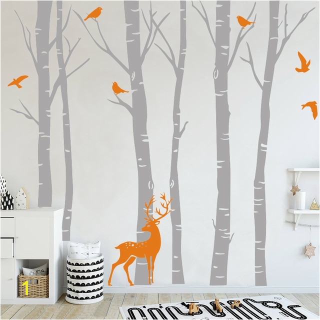 Birch Tree Vinyl Wall Sticker Wall Decal Nature Birds Deer in Winter Nursery Woodland Forest Art Stickers Kids Room Home Decor