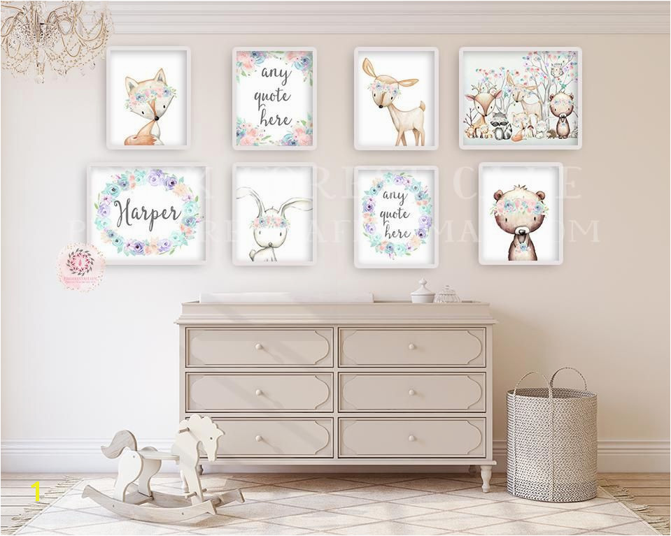 8 Deer Fox Bunny Rabbit Bear Boho Wall Art Print Woodland Bohemian Floral Nursery Any Quote Personalized Baby Girl Room Set Lot Prints Printable Decor