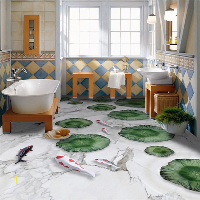 Waterproof Bathroom Murals Custom Wall Mural Marble Pattern Lotus Leaf Fish 3d Floor Decoration