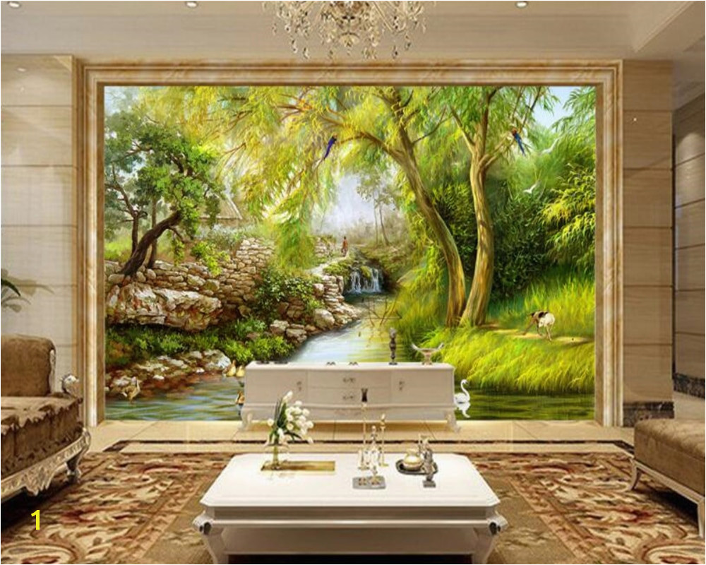 beibehang wallpaper riverside weeping willow Landscape hand drawn painting Wall Sticker Home decoration 3d wallpaper mural in Wallpapers from Home