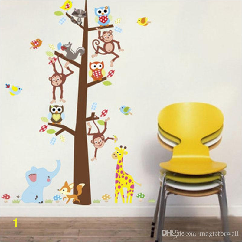 Cartoon Animals Monkey Giraffe Owls Squirrel Tree Wall Stickers Kids Room Nursery Decor Wall Mural Poster Art Living Room Wallpaper Flowers Wall