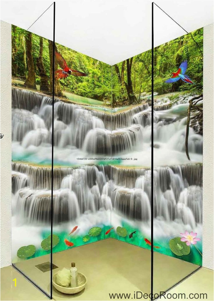 3d Waterfall Wall Mural 3d Wallpaper Waterfall Birds Fish Lotus Wall Murals Bathroom