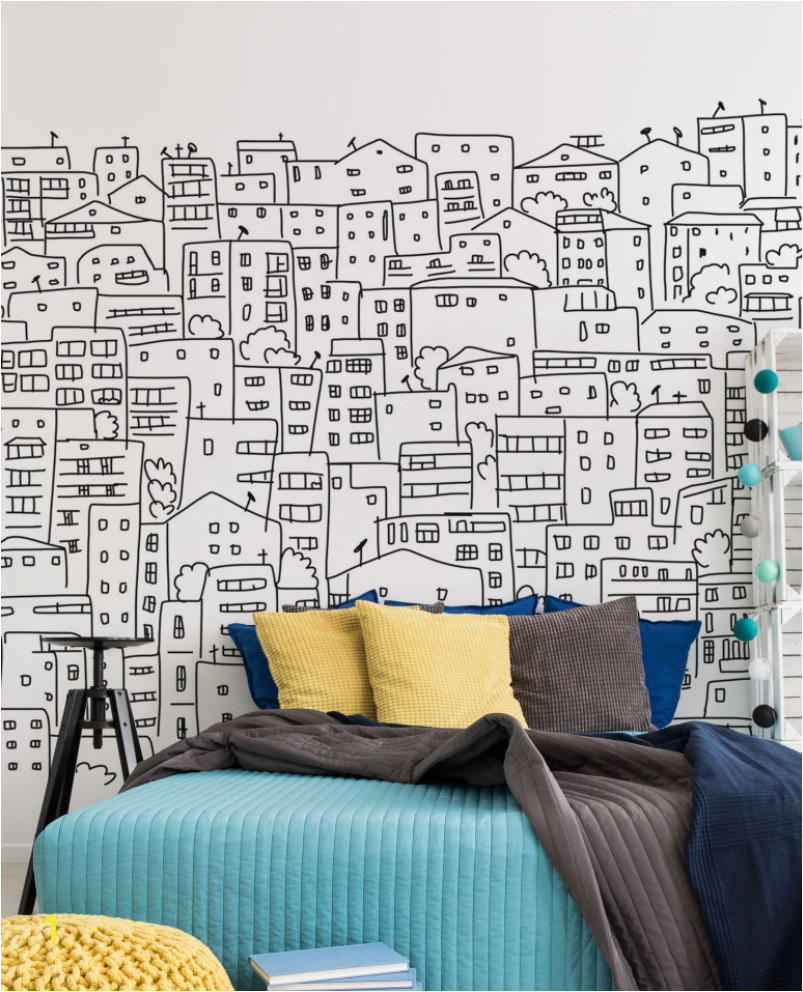 Bedroom Wall Mural Designs Black and White City Sketch Mural