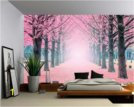 Peel and Stick Murals for Walls Foggy Pink Tree Path Wall Mural Self Adhesive Vinyl Wallpaper Peel & Stick Fabric Wall Decal