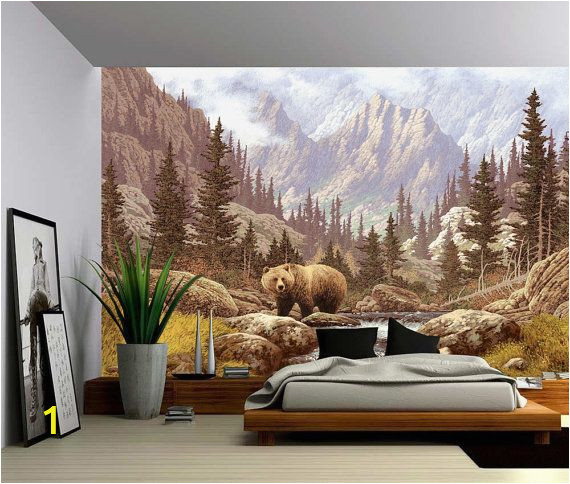 Peel and Stick Murals for Walls Grizzly Bear Mountain Stream Wall Mural Self