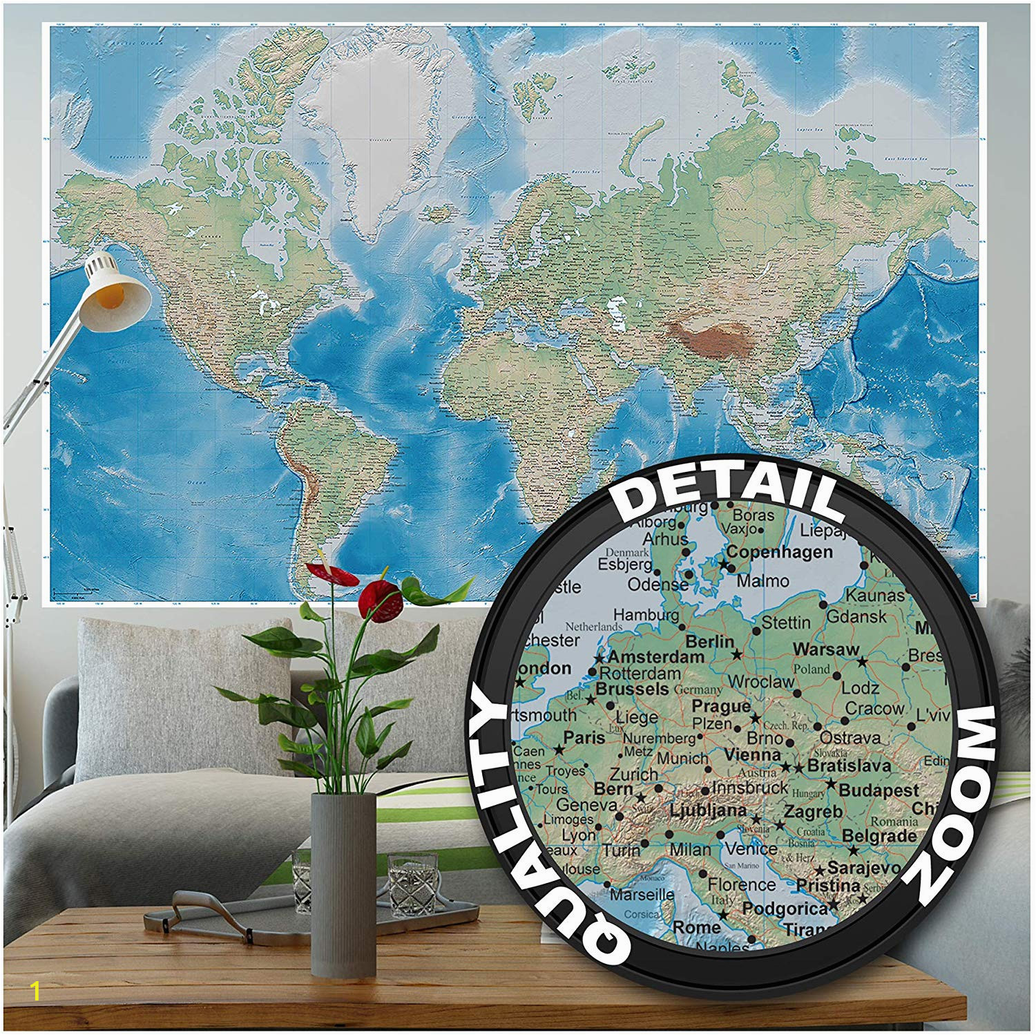 Wall Size World Map Mural Mural – World Map – Wall Picture Decoration Miller Projection In Plastically Relief Design Earth atlas Globe Wallposter Poster Decor 82 7 X 55