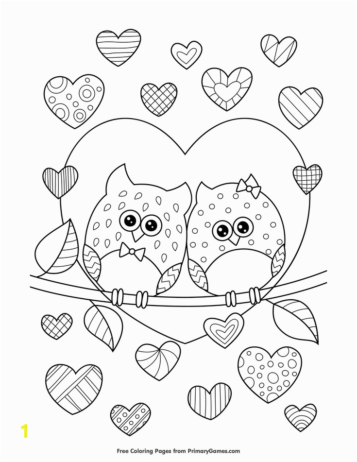 Coloring Pages Printable Valentine S Day Owls In Love with Hearts Coloring Page • Free Printable