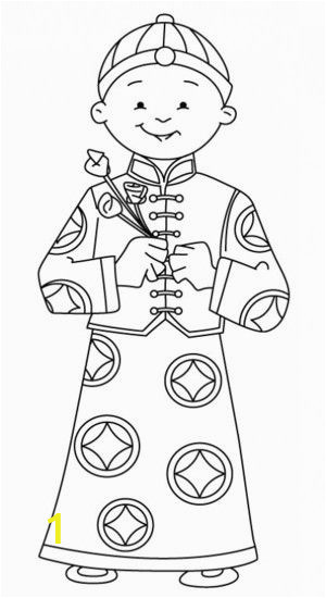 Printable Chinese New Year Coloring Pages A Young Boy Holding Flowers Say Happy Chinese New Year