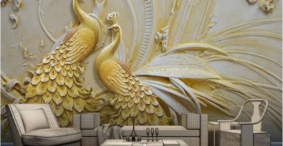 3d Embossed Wall Murals Mural Wallpaper 3d Stereoscopic Embossed Golden Peacock