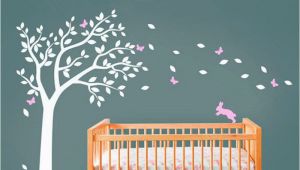 Baby Murals for Walls Huge White Tree Decal with Cute Rabbit and butterflies Vinyl