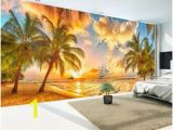 Beach Hut Wall Mural Custom Wall Mural Non Woven Wallpaper Beach Sunset Coconut Tree Nature Landscape Backdrop Wallpapers for Living Room