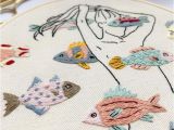 Dia Wall Murals Girl with Colorful Fish 17cm Diameter Hand Embroidery Hoop Art Wall