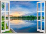 Fake Window Wall Mural Sunset Over Lake Wall Sticker 3d Window Sunset Reflective