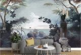 Forest Wall Mural Painting Dark forest and Seascape with Pelican Birds Wallpaper Mural