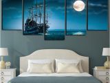 Full Moon Wall Murals 2019 5 Panels Canvas Print Wall Art Sailboat Seascape Picture Full Moon Night Sea Moonlight Ocean Ship Artwork Blue Ocean Poster From