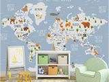 Full Wall Map Mural Kids Wallpaper World Map Wall Mural Cartoon Animal Wall