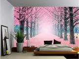 Giant Wall Mural Photo Wallpaper Foggy Pink Tree Path Wall Mural Self Adhesive Vinyl Wallpaper Peel & Stick Fabric Wall Decal
