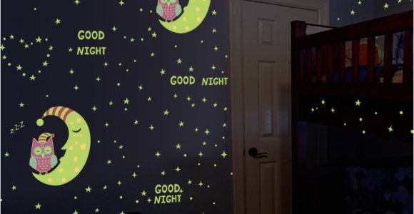 Glow In the Dark Space Wall Mural Glow In the Dark Owl Moon Stars Luminous Wall Stickers for