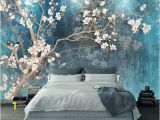 Hand Painted Flower Wall Mural Blue Color Magnolia Flowers Wallpaper Wall Murals