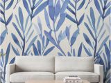 How to Apply Wall Murals Wall Mural with Blue Watercolor Leaves Temporary Wall Mural