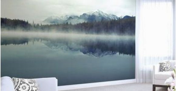 Large forest Wall Mural Mountain Lake Wallpaper Mural Foggy Ombre Mountain Lake