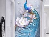 Mural Painting Supplies Custom Any Size Mural Wallpaper 3d Stereo Relief Blue Peacock