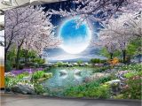 Nature Wall Mural Paintings Custom Mural Wall Paper Moon Cherry Blossom Tree Nature Landscape