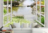 Open Window Wall Murals Custom Wall Mural Wallpaper Modern Simple 3d Window Garden Small River Flower Grass Fresco Living Room Bedroom Wall Paper Custom Wallpaper