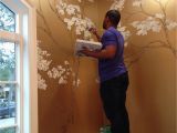 Painting A Mural On A Wall with Acrylic Paint Hand Painted Cherry Blossoms On Metallic Gold Wall …