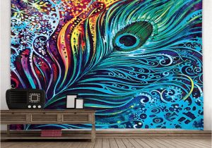 Peacock Feather Wall Mural Gift for Housewarming Multicolored Beautiful Colorful Peacock Feather Printed Tapestry Hanging Wall Decoration Art Beachtowel Shawl Flag Wall