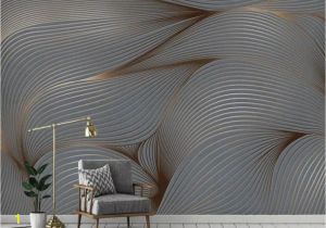 Peacock Feather Wall Mural Stylish Gray Gold Wavy Lines Abstract Design Wallpaper Mural