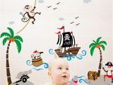 Pirate themed Wall Murals Pirates Vinyl Wall Decal with Captain Jack Ship Coconut Tree Cloud Monkeys