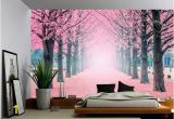 Removable Wall Murals Nature Foggy Pink Tree Path Wall Mural Self Adhesive Vinyl Wallpaper Peel & Stick Fabric Wall Decal