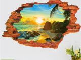 The Wall that Cracked Open Mural 3d Broken Wall Decal Sunset Scenery Seascape island Coconut Trees