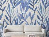 Wall Mural Peel and Stick Wallpaper Wall Mural with Blue Watercolor Leaves Temporary Wall Mural