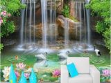 Waterfall Wall Murals Cheap 3d Waterfall Pool Swans and Fish Pattern Wallpaper Wall