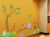 Wild Animal Wall Murals Großhandel 3d Cartoon Dschungel Wilde Tier Baum Brücke Blumen