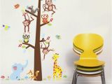 Willow Tree Mural Cartoon Animals Monkey Giraffe Owls Squirrel Tree Wall