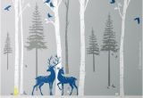 Winter Trees Wall Mural Birch Trees Fir Trees Pine Trees with Deers Wall Decal