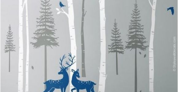 Winter Trees Wall Mural Birch Trees Fir Trees Pine Trees with Deers Wall Decal