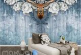 Wooden Murals Wall Hanging Vintage Deer Head with White Roses Blue Wooden Wall Art