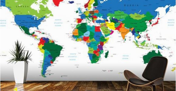 World atlas Wall Mural Bright World Map Wall Mural Room Setting