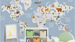 World Map Wall Mural for Nursery Kids Wallpaper World Map Wall Mural Cartoon Animal Wall